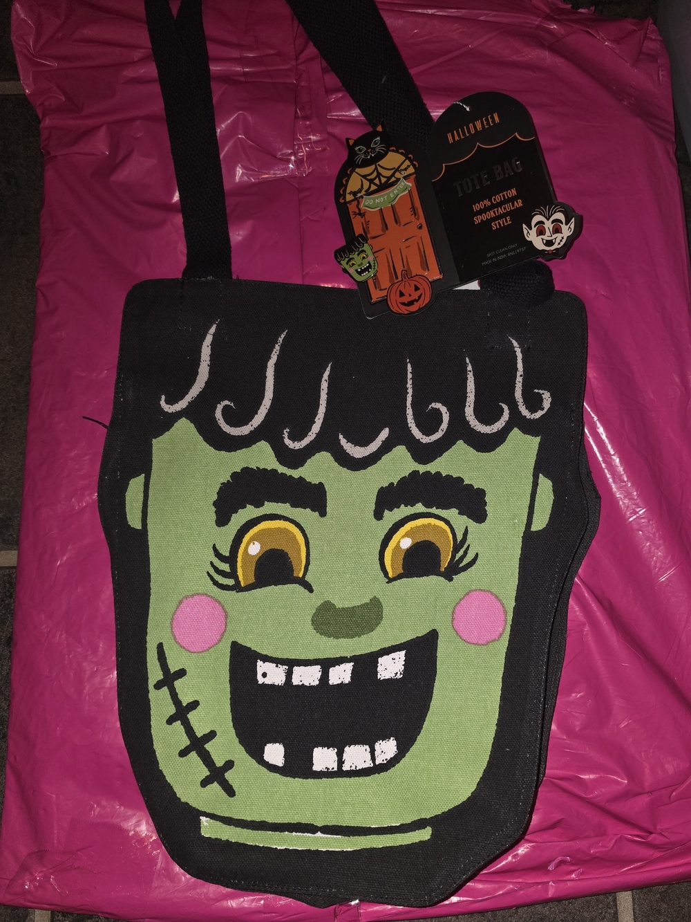 Halloween Green Frankenstein Tote Bag with Black Trim
